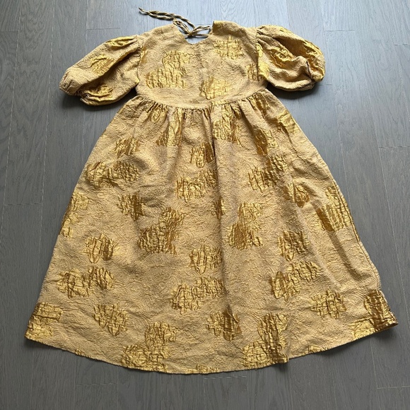 RHODE Ruth Dress Gold Brocade Jacquard Midi Puff Sleeve Yellow - MEDIUM - Picture 2 of 12
